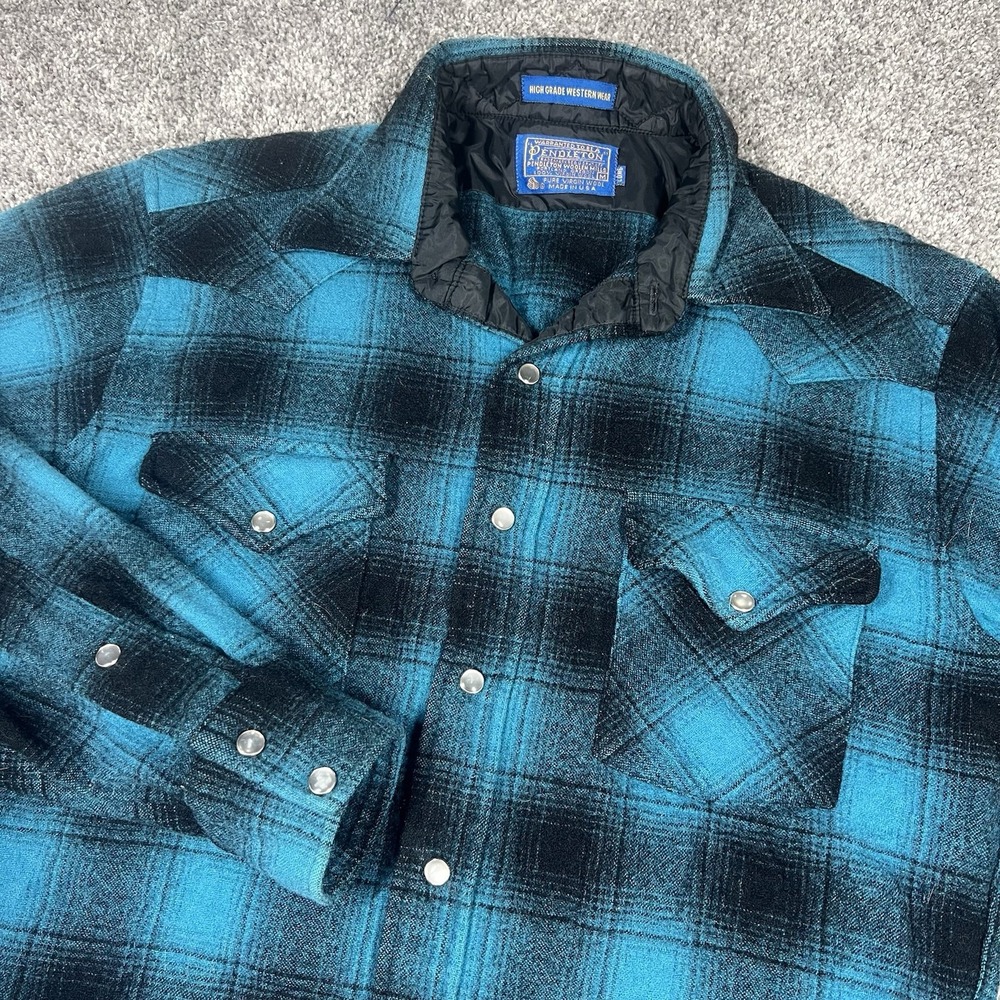 Vintage 70s Pendleton High Grade Western Wear Wool Shadow Plaid Pearl Snap Men M